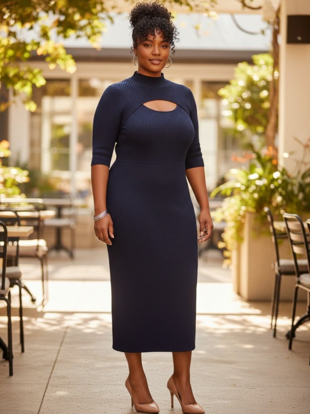White House Black Market Ribbed Cutout Midi Dress Womens XL Navy Blue Excellent